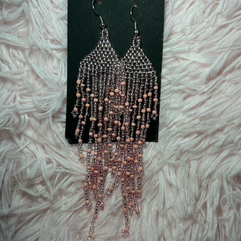 Clear & Blush Beaded Fringe Earrings | Elegant Long Fringe